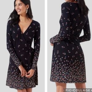 Loft Dress Size Medium Black Floral True Wrap Style Longsleeve Self Belt Stretch